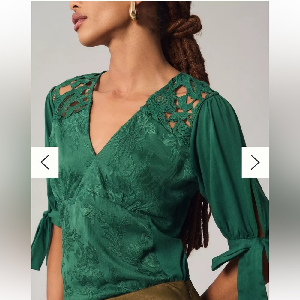 Anthropologie Tiny Ophelia Embroidered Top | Emerald Green | Size XS | EUC - Picture 3 of 10